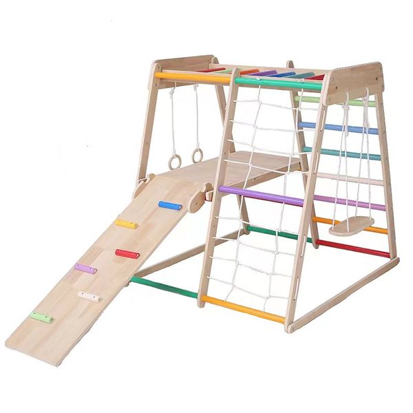 Kids Wooden Montessori Climbing Toy with Slide, Swing, Rock Wall and Rope