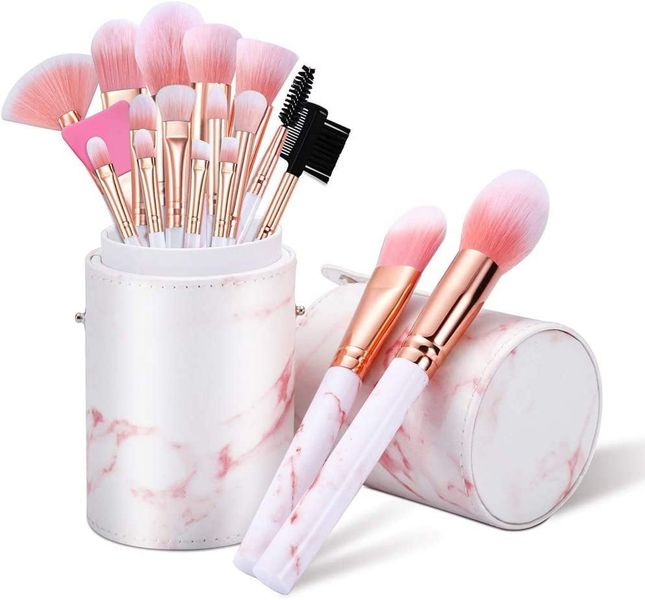 16Pcs Pink Marble Makeup Brushes Set with Makeup Brush Holder
