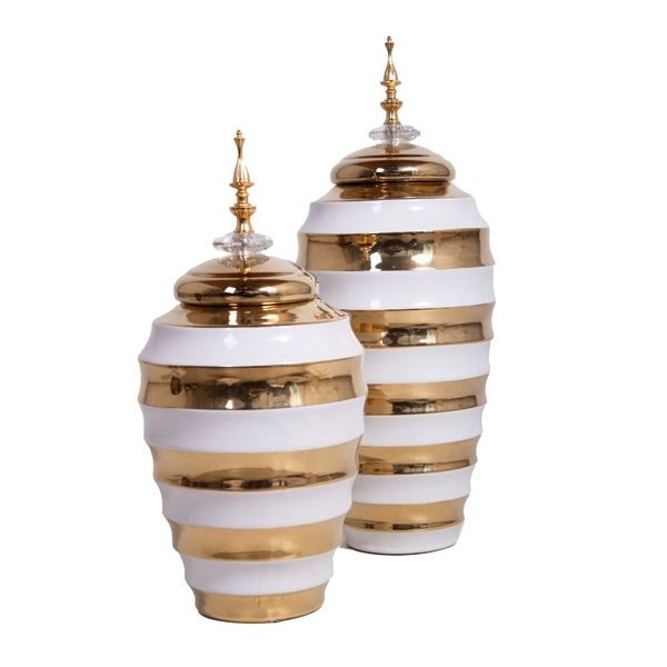 Gold and White Stripe Jar Set Home Decor Ornament