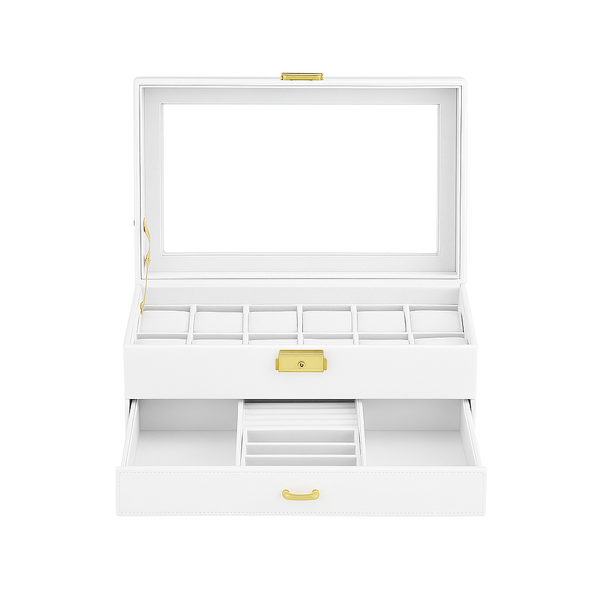 White PU Leather Watch Box with 12 Compartments and Drawer