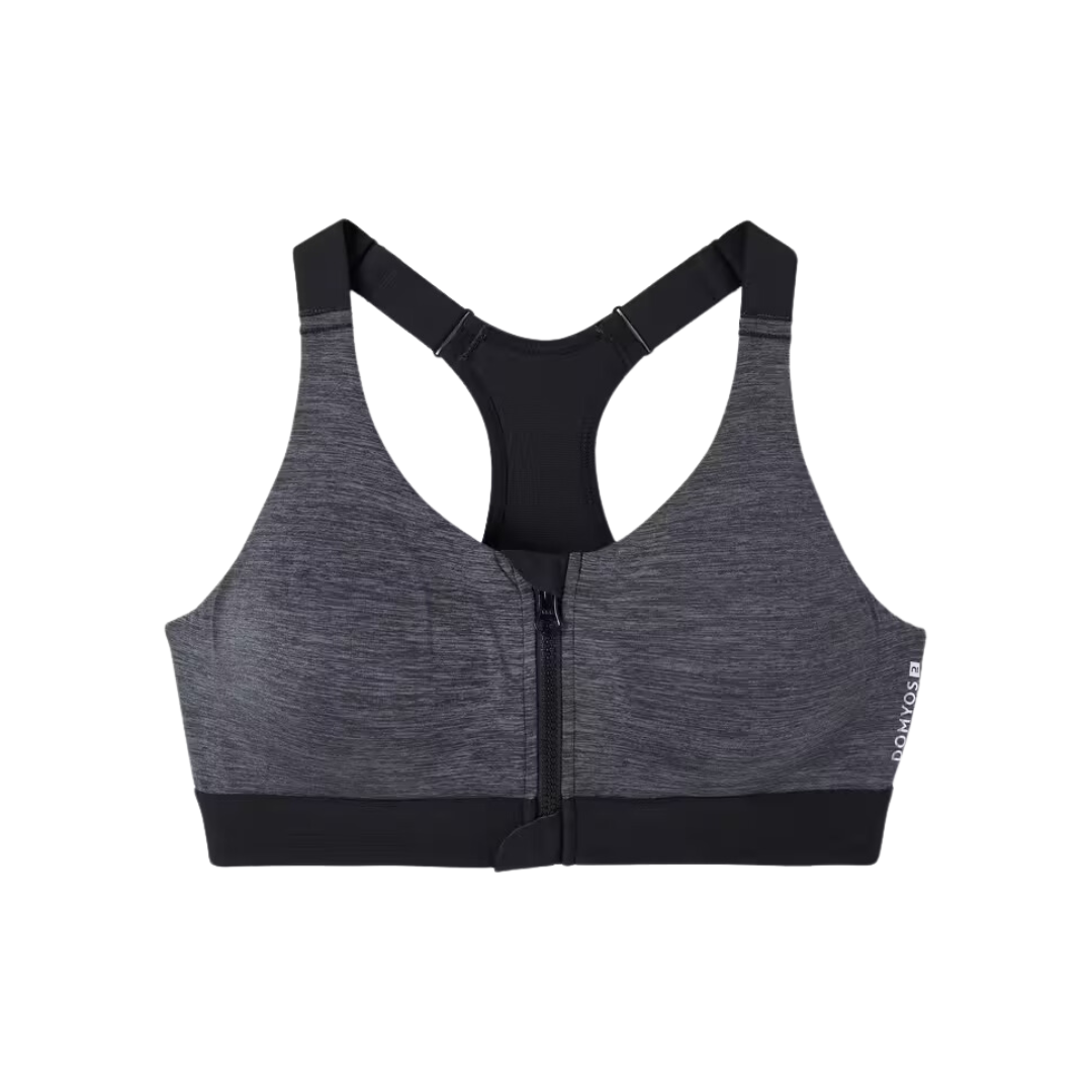 Domyos Women's High Support Zip-Up Sports Bra with Cups - Black/Grey