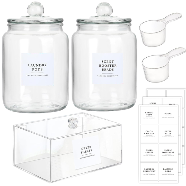 Glass Jars &amp; Dryer Sheet Holder Laundry Room Organisation With Lid, Labels