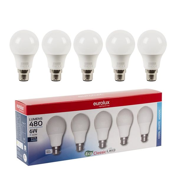 Eurolux - A60 Lamp - B22 - LED 6W - 5 Per Pack - Bulk Pack of 2