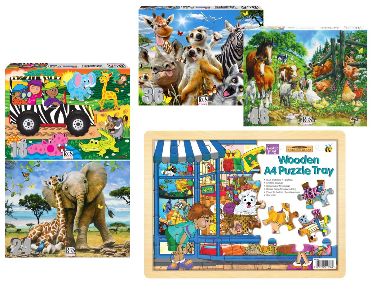 4 Puzzles And Puzzle Tray (18-48 Piece Puzzles) 