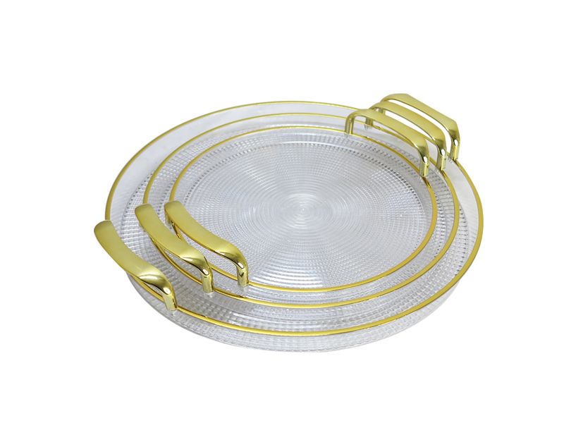 3 Piece Plastic Fruit Plate &amp; Serving Tray with Gold Trim- 33, 38 &amp; 42cm