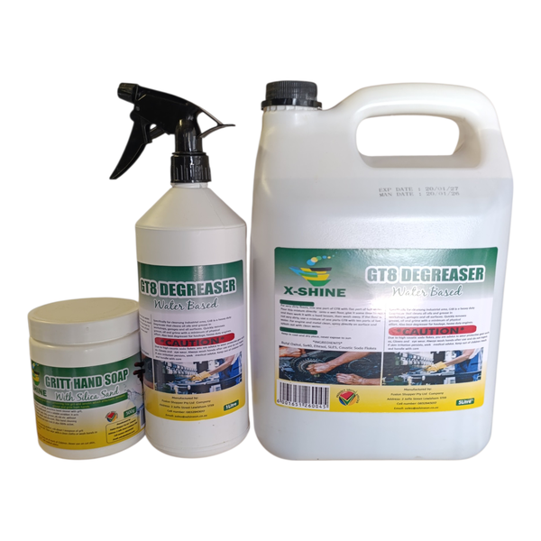 GT8 Degreaser (1L Spray + 5L) and Grit Hand Soap 500g Bundle