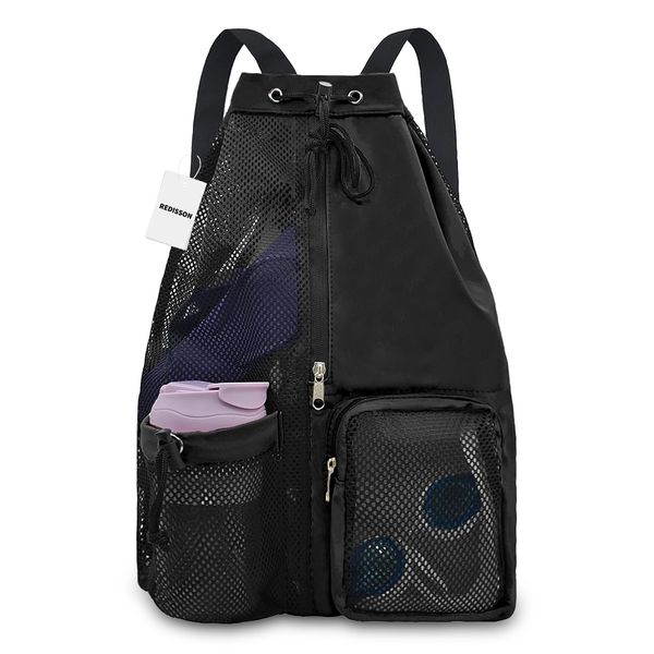 Mesh Beach Backpack with Wet Pocket Drawstring Pool Bag Waterproof