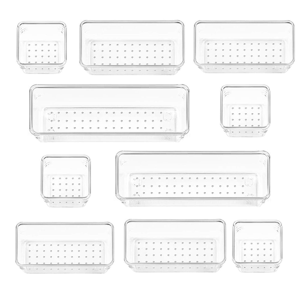 10 Piece Clear Acrylic Plastic Drawer Organizer Set 3 Sizes For Cosmetics