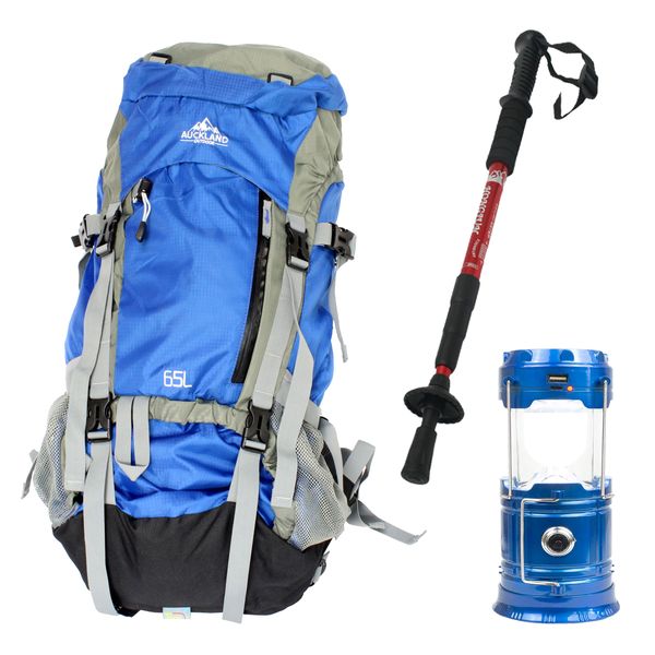 Auckland 65L Camping Bag with Solar Camping Lantern - Blue &amp; Trek Pole