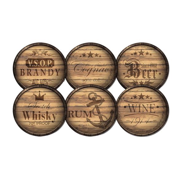 Set of 6 Round Wooden Drink Coasters - Non-Slip Bar-Themed