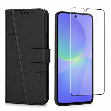 Leather Case and Screen Protector Combo Compatible with Samsung A25-Black Image