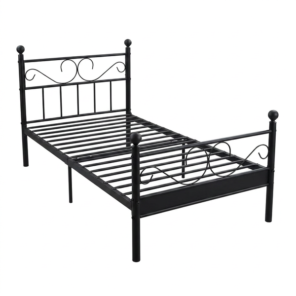 Black Single Metal Bed Frame with Scroll Headboard, 93x196cm Bed Base Only
