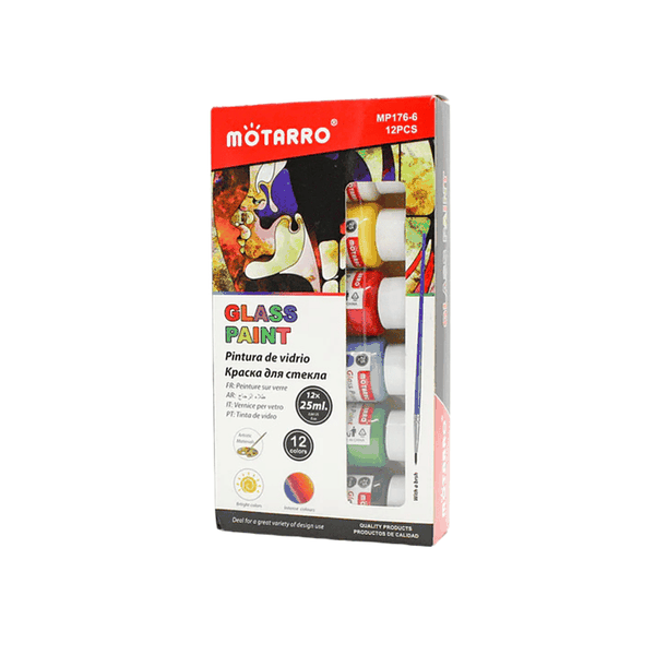 MOTARRO 12pcs X 25ml Glass Colour Paint Set with Paint Brush - Arts &amp; Craft