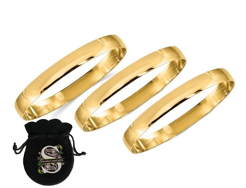Set of 3 x 8mm Stainless Steel solid round PVD Gold Plated Bangles