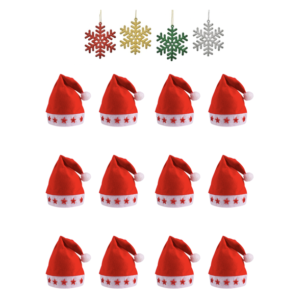 12 Pack Christmas Hats with Embroidered Stars and 4 Snowflake Decorations