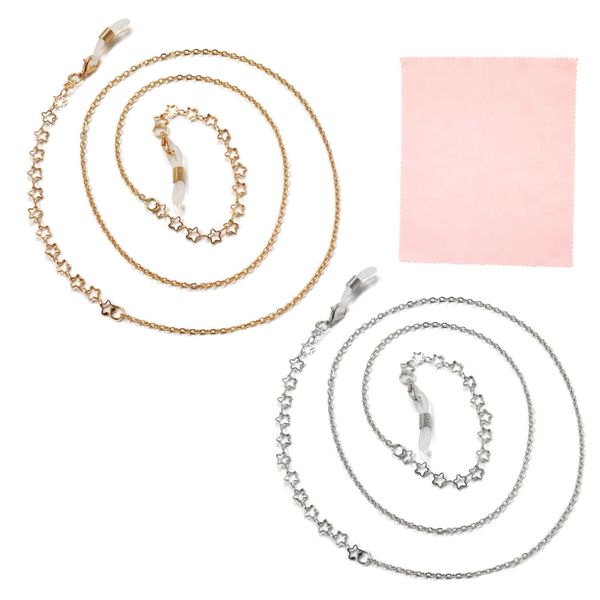 Anti-Slip Eyeglass Chains and Microfiber Cloth-Gold and Silver-Stars - 2 Piece