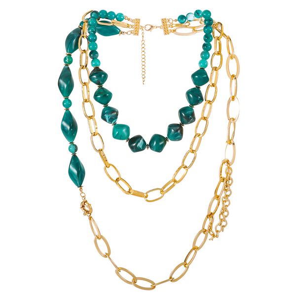 Vintage Asymmetric Multi-Layer Metal Chain Layered Necklace Green Glod