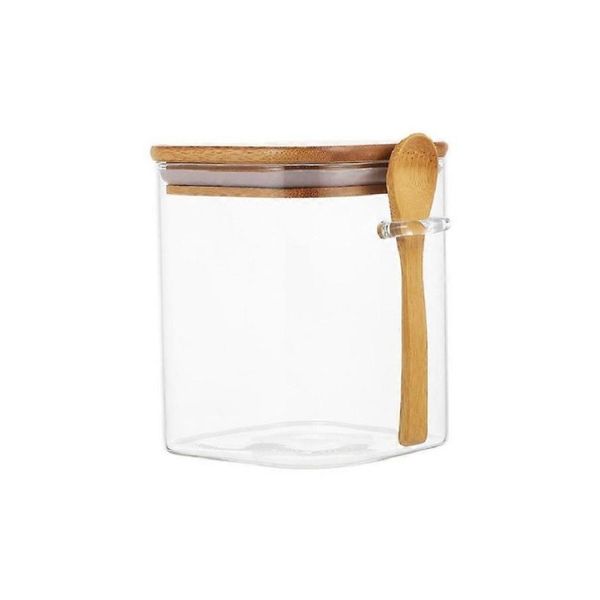 4-Piece Clear Glass Storage Jars with Bamboo Lids &amp; Tea Spoons set - 800ml.