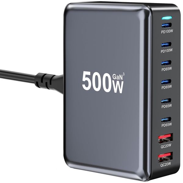 500W USB C Fast Charger Block, 8 Port USB Charging Station 100W PD