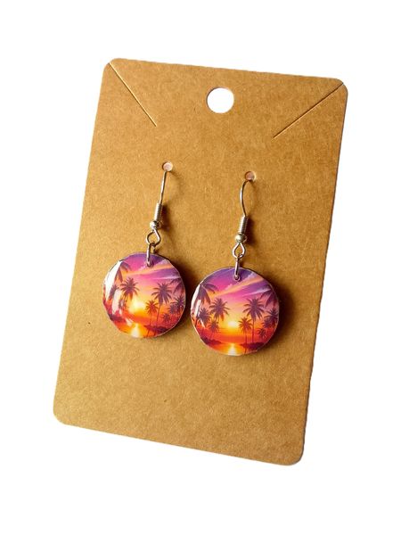 Pink and Purple Palm Tree Sunset Beach Wooden Earrings Gift