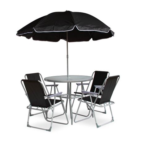 Hazlo 6 Piece Outdoor Dining Glass Patio Table Chair Umbrella Set Black