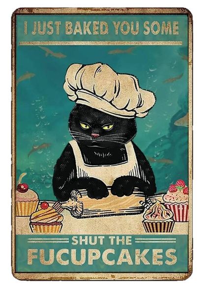 12x8" Funny Cat Tin Sign, Vintage Kitty Kitchen Bar Decor, I Baked Cakes