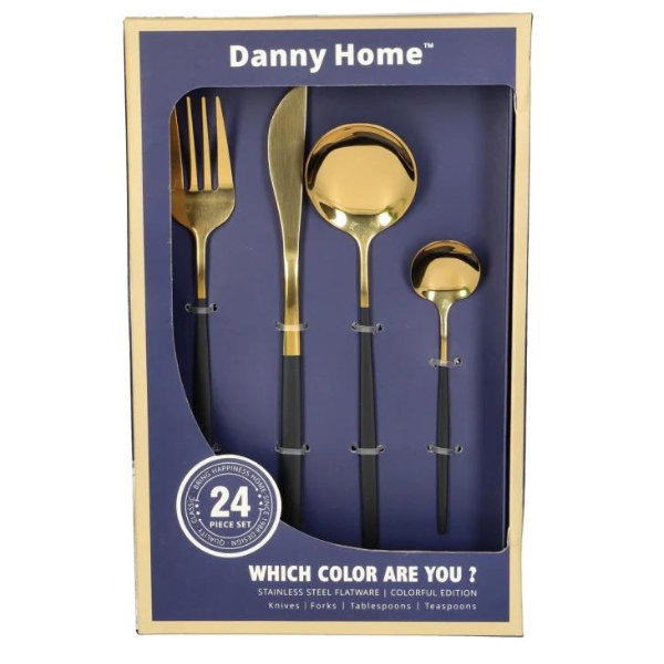 24 Piece Black with Gold Stainless Steel Cutlery Set