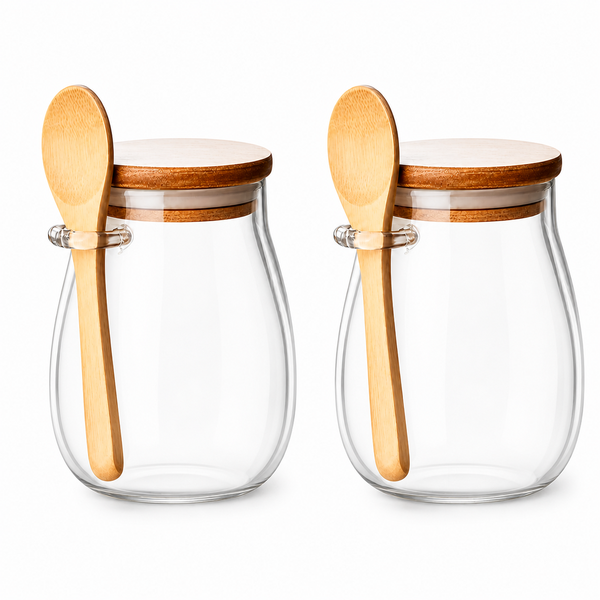 Glass Breakfast Jar Set with Wooden Lid &amp; Spoon - Yogurt, Oats &amp; Dessert