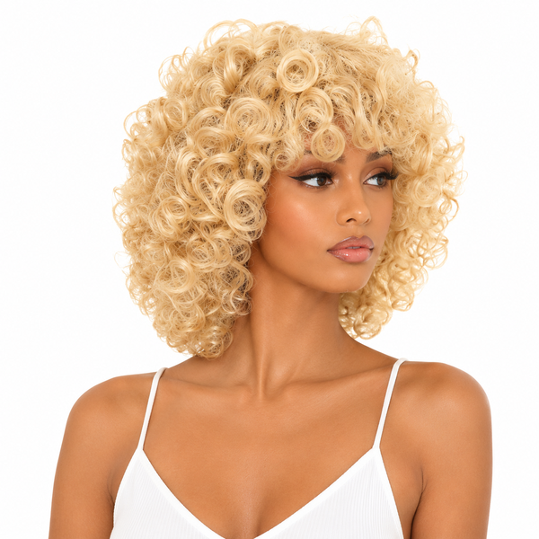 13 Inch Platinum Blonde Curly Bob Wig with Bangs - Synthetic Hair