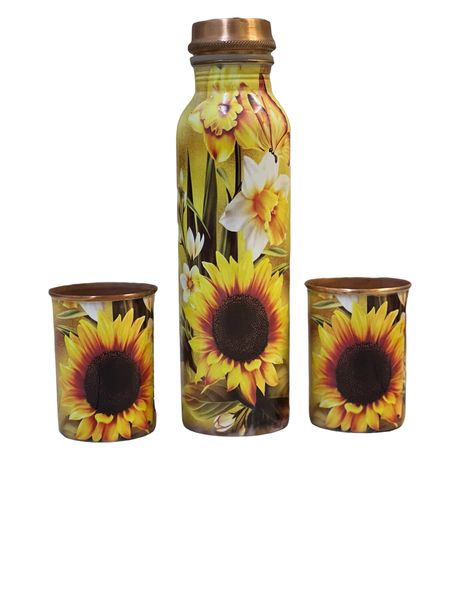 Pure Copper Sun Flower Print 100% Water Bottle 1 Litter