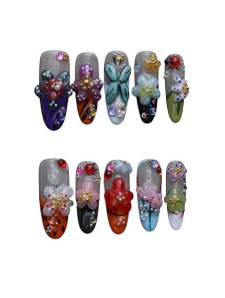 10 Pieces - Fantasy Flora 3D Art Oval-Shaped Press-On Nails - Multicolor