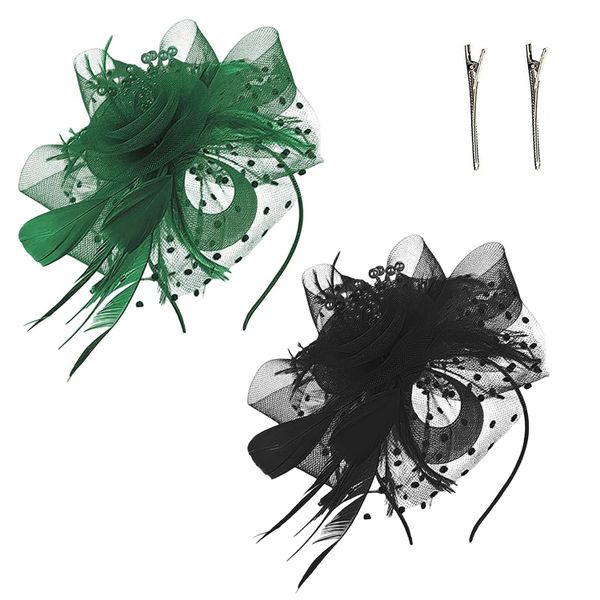 2 Pieces Fascinator Hat ,Party Feather Flower Headwear Ribbon Mesh Headband