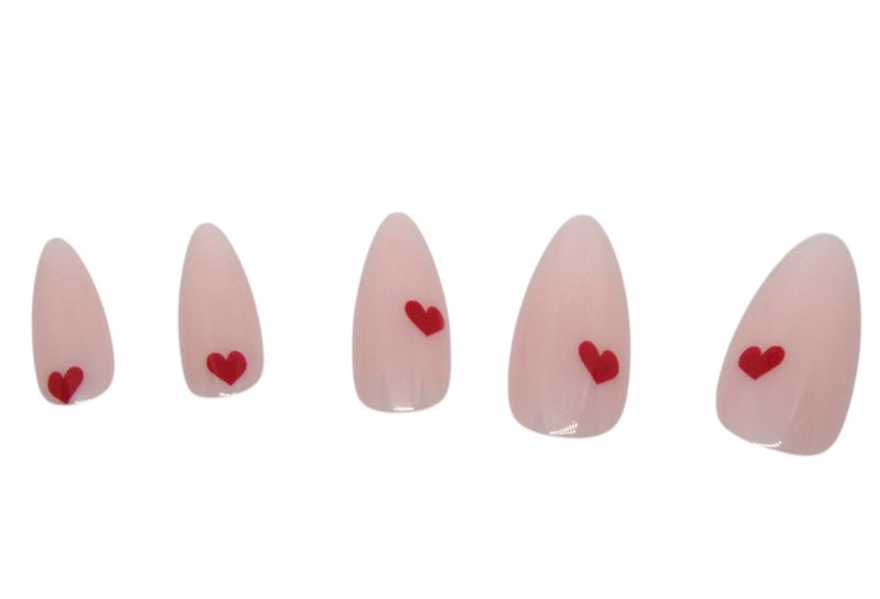 Red Heart with Nude Base Nail Set - Pink