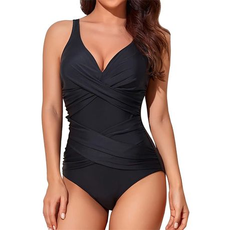 Women One Piece Swimsuit Tummy Control High Waisted - V Neck - Black Image