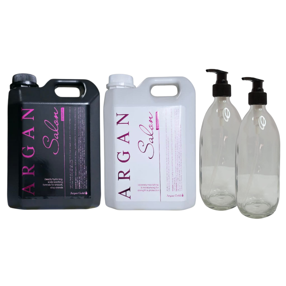 Argan Salon Shampoo & Conditioner 2L + Glass Bottles