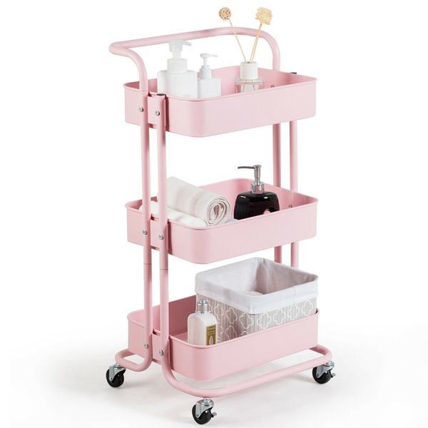3 Tier Metal Rolling Utility Cart Trolley- Pink