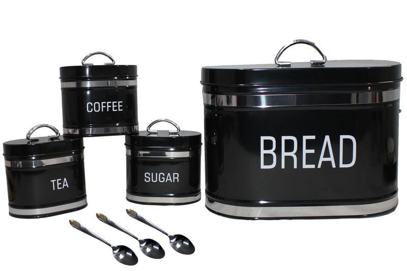 Glossy Oval Double Loaf Bread Bin, 6 Piece Matching Canister and Spoon Set