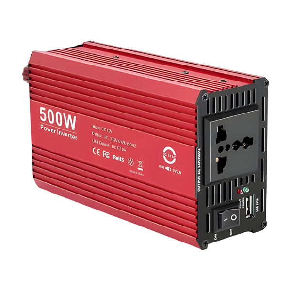 12V 500W Red Inverter - Dual Outlets &amp; USB Charging