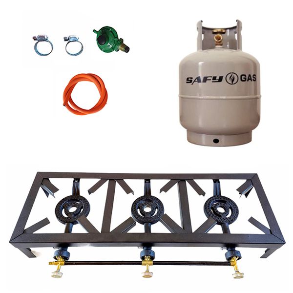 3 Burner, Triple Gas Burner, 4 Legged, Regulator Set &amp; Gas Cylinder - 5kg