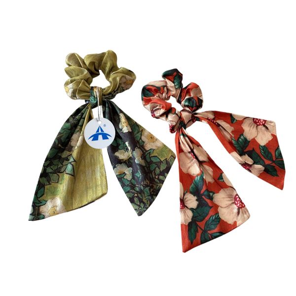ALANES 2 Packs Floral Print Hair Scrunchies with Ribbon Bow Hair Scarves