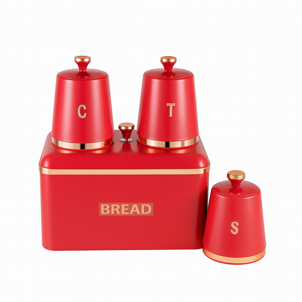 Bread Bin and Canister Set - 4 Piece Kitchen Storage Collection - Red