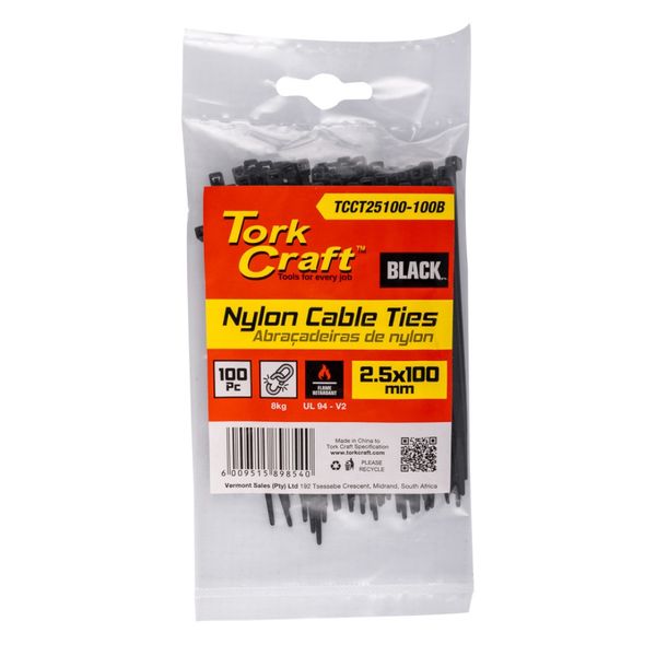 Tork Craft - Nylon Cable Ties 2.5mm x 100mm Black - 100 Pieces