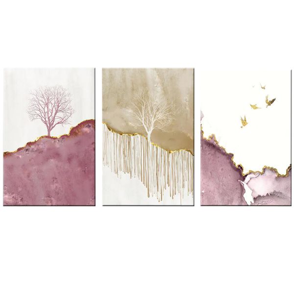 Canvas-Art-3 Pieces Gold And Pink Wildness Forest and Birds Wall Art