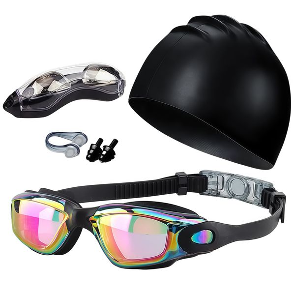 Adults Swim Goggles, with Swim Cap, Nose Clip,Ear Plugs,Goggles case