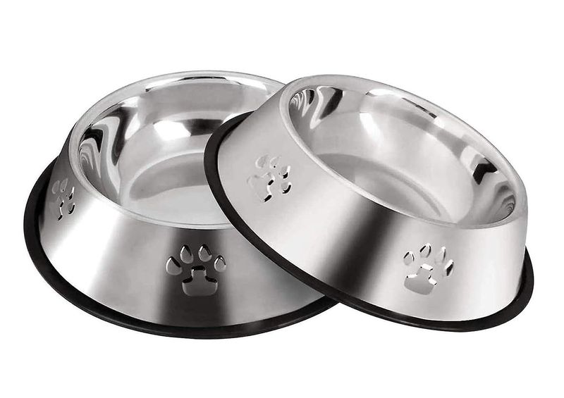 2 x Paw Stainless Steel Cat &amp; Dog Feeding Bowls With Rubber Base - Silver