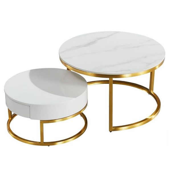Set of 2 Rounded Marble Coffee Table with Drawer