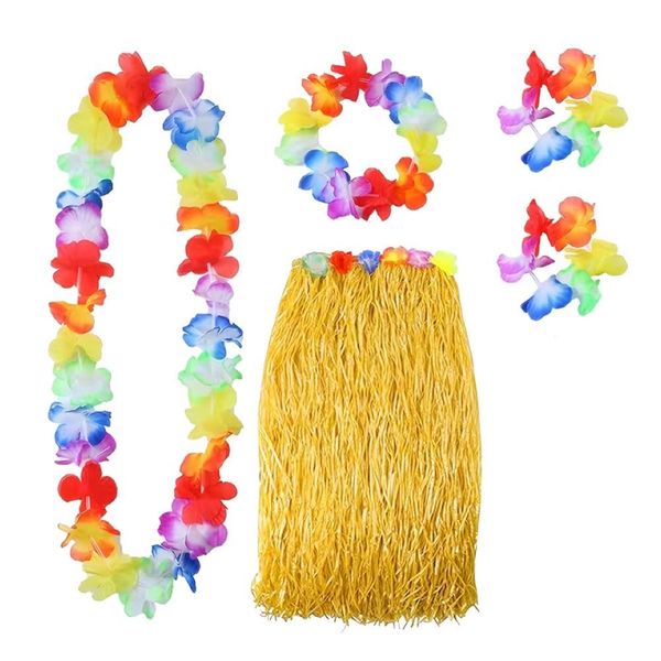 Toy Grass Skirt With Flower Headband, Bracelet &amp; Necklace 5 piece