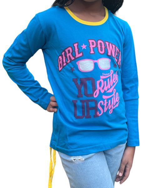 Girls Cotton Long Sleeve Round Neck Regular T-shirt Blue