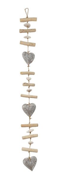 Hanging Decor String Hearts Stones Driftwood - Grey 100cm