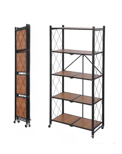 Foldable Storage Rack with Wooden Shelf for Kitchen and Home